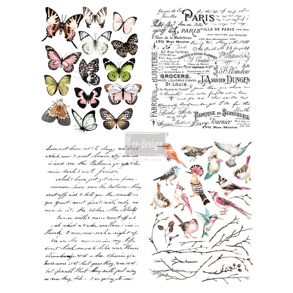 Decor Transfer by Redesign with Prima® – Parisian Butterflies– Total Sheet Size 24″X35″, CUT INTO 2 SHEETS